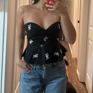 Zara black strapless peplum embroidered top M